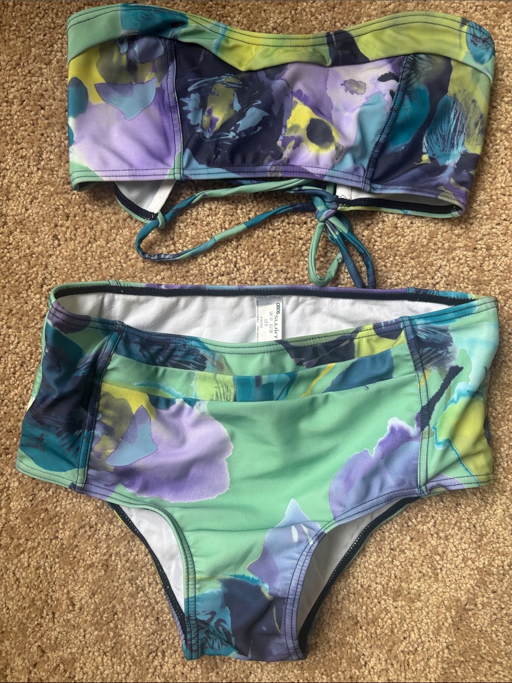 ASOS retro style Green & Purple Floral Bandeau Two-Piece Swim Set
